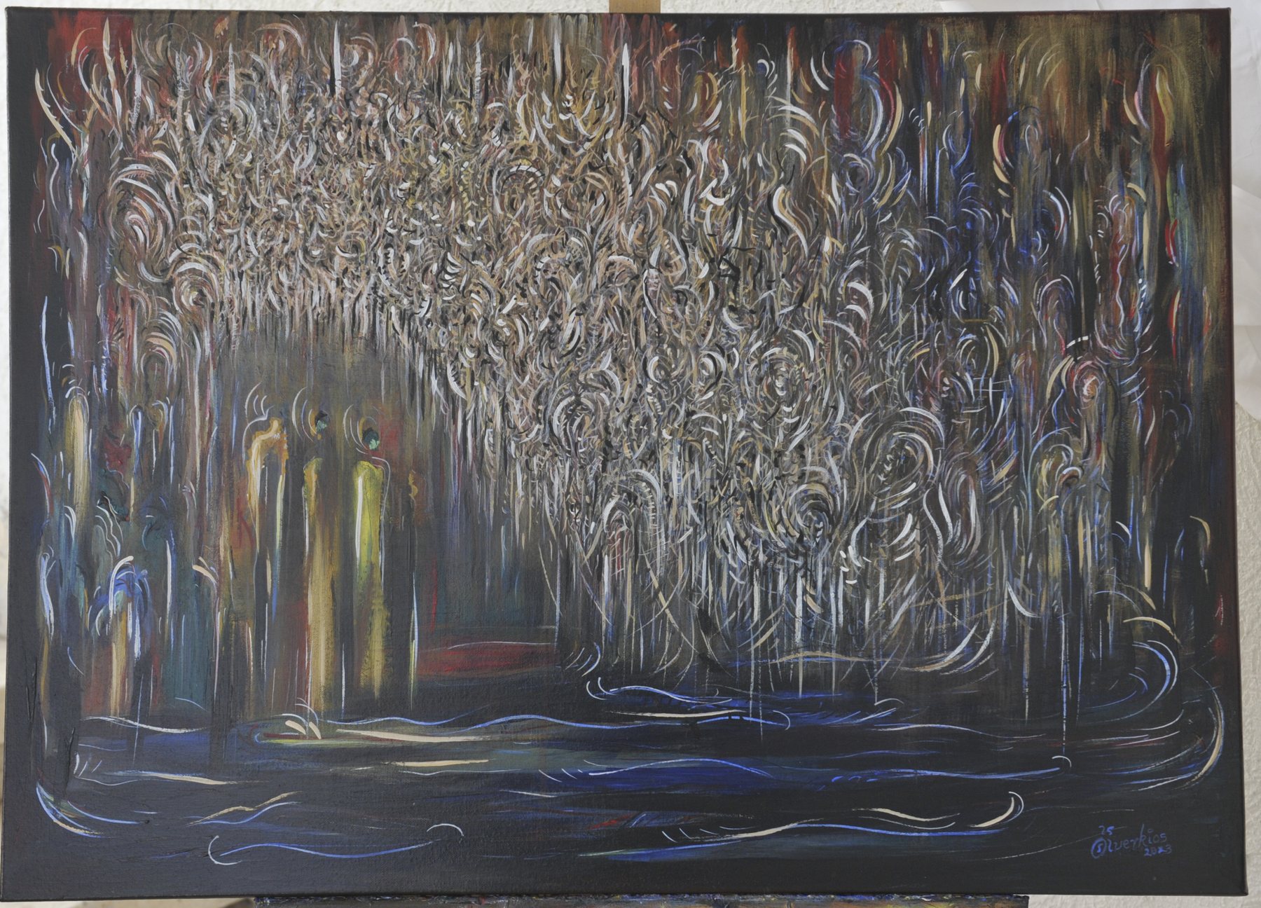 Dark landscape-format painting with dense vertical marks and streaks of yellow, green and red