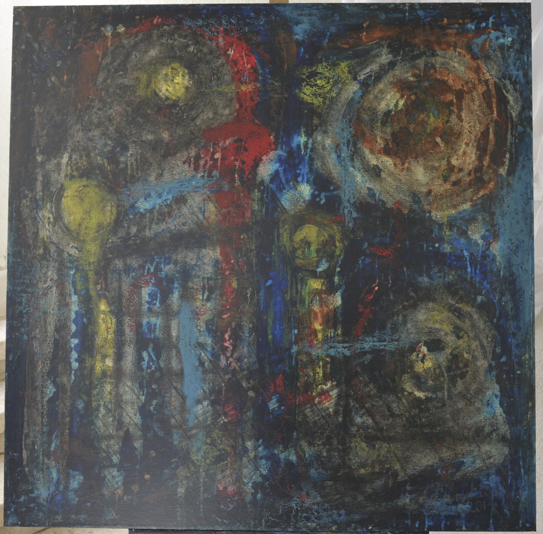 Abstract painting with disc-like circular shapes and vertical textured bands in dark blue, black, rust-brown and yellow