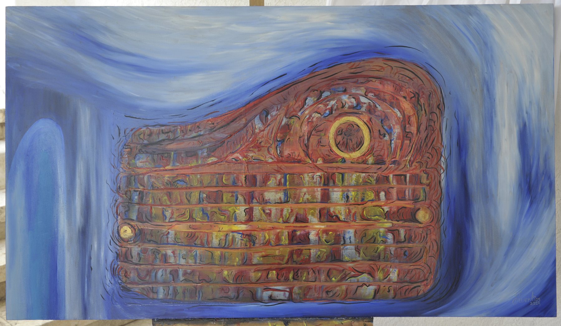 Landscape-format abstract painting with a rounded form of horizontal bands and circular motifs amid sweeping blue and white strokes