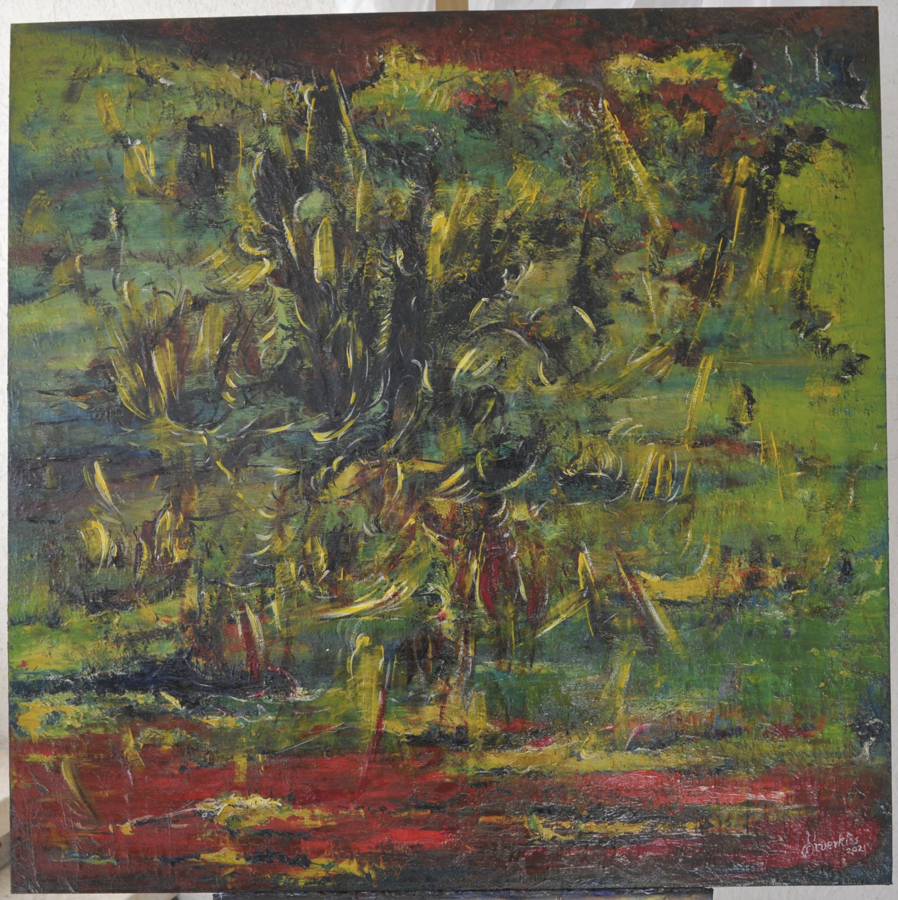 Abstract painting of bristling upright textured strokes over horizontal fields in green, yellow, black and deep red