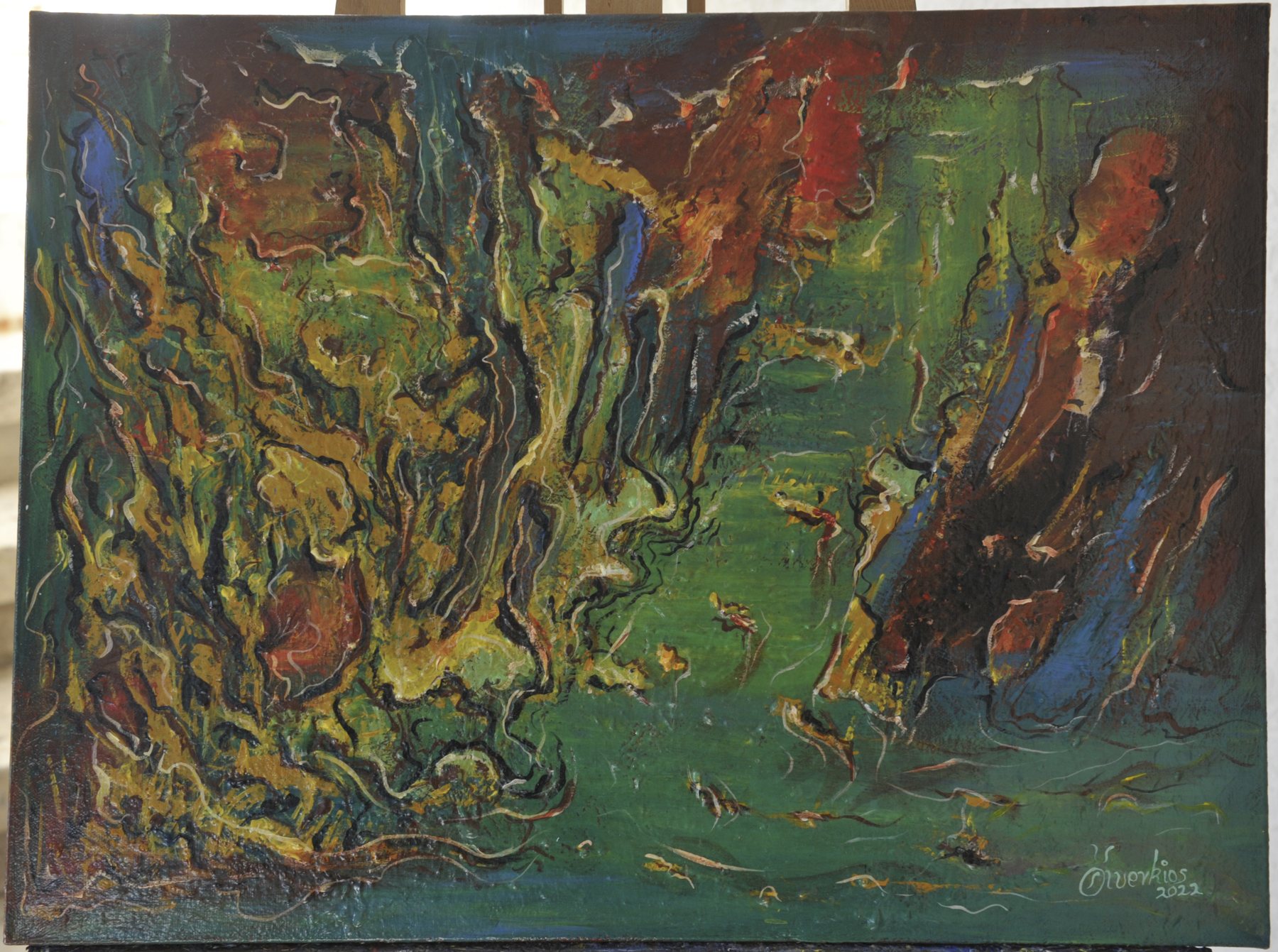 Landscape-format abstract painting with two vertical clusters of dense undulating shapes in olive green, ochre and reddish-brown flanking an open green expanse