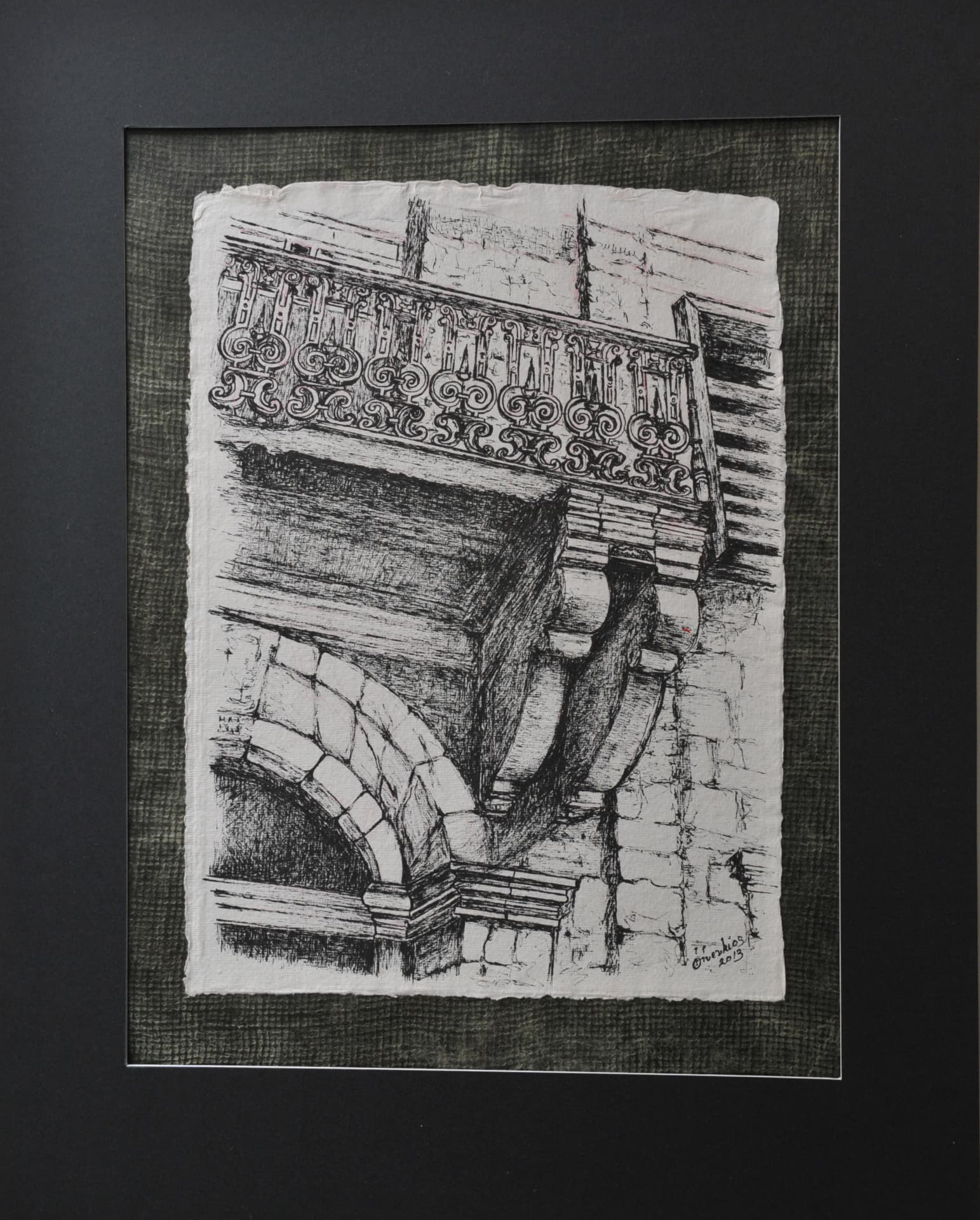 Ink drawing of an ornate iron balcony carried on carved stone brackets above an arched opening, on paper mounted on a dark olive-grey mat
