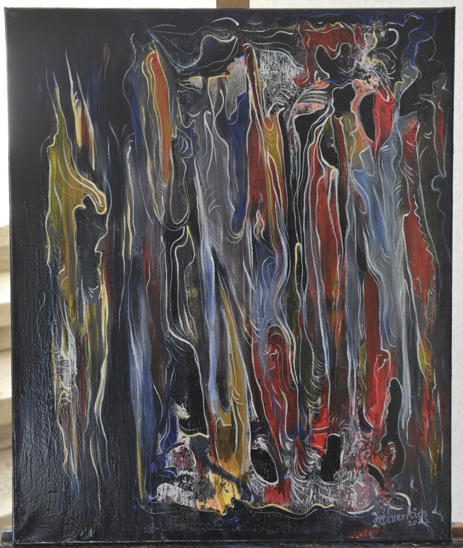 Portrait-format abstract painting with elongated vertical bands of red, deep blue, ochre and grey flanked by black borders and thin white contour lines