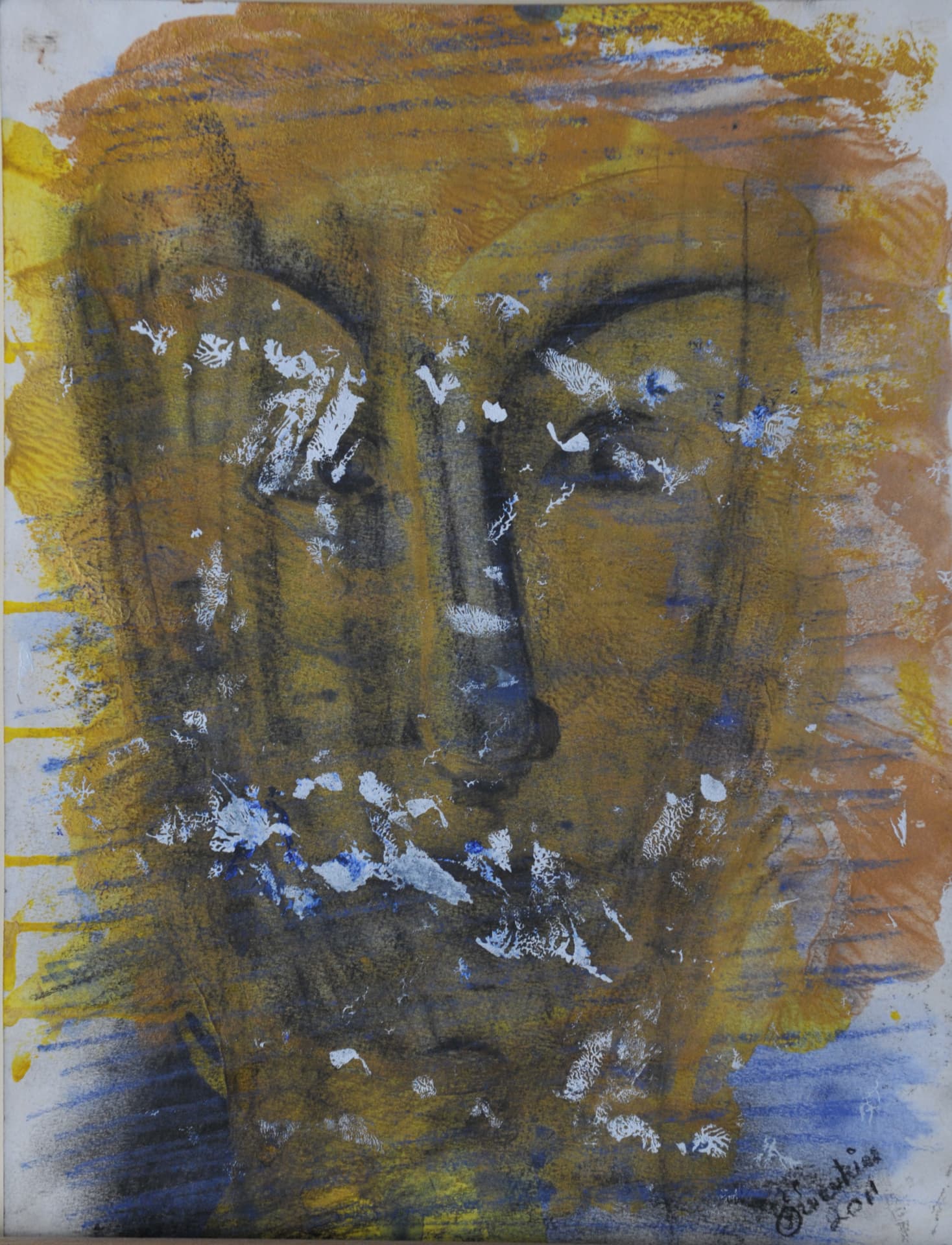 Face in rubbed ochre and orange washes with dark charcoal lines and lifted white and blue marks, on paper