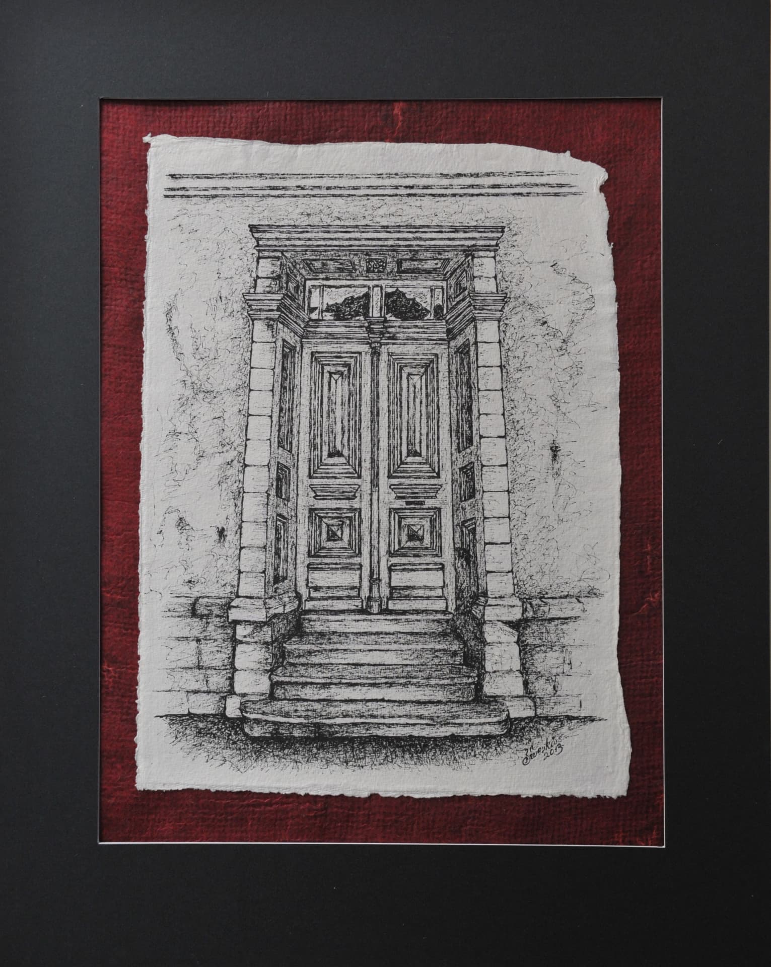 Ink drawing of a classical stone doorway with double wooden panelled doors and stone steps, on paper mounted on a deep red mat