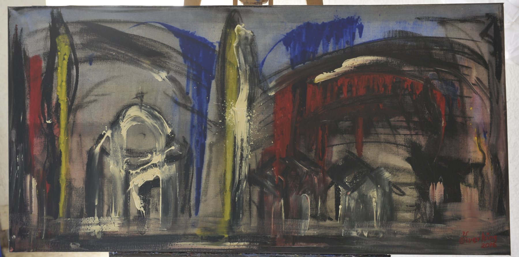 Wide landscape abstract painting with sweeping arched black strokes, a dome-like shape of dripping off-white paint, and a curved band of red drips above angular geometric forms