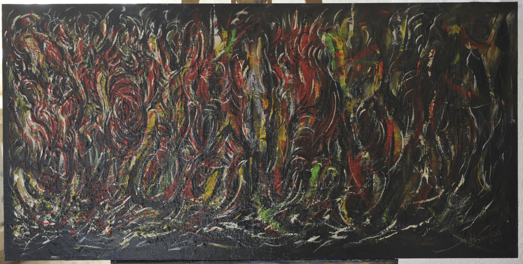 Wide landscape abstract painting with upward-reaching curved strokes in red, yellow and green on a black ground