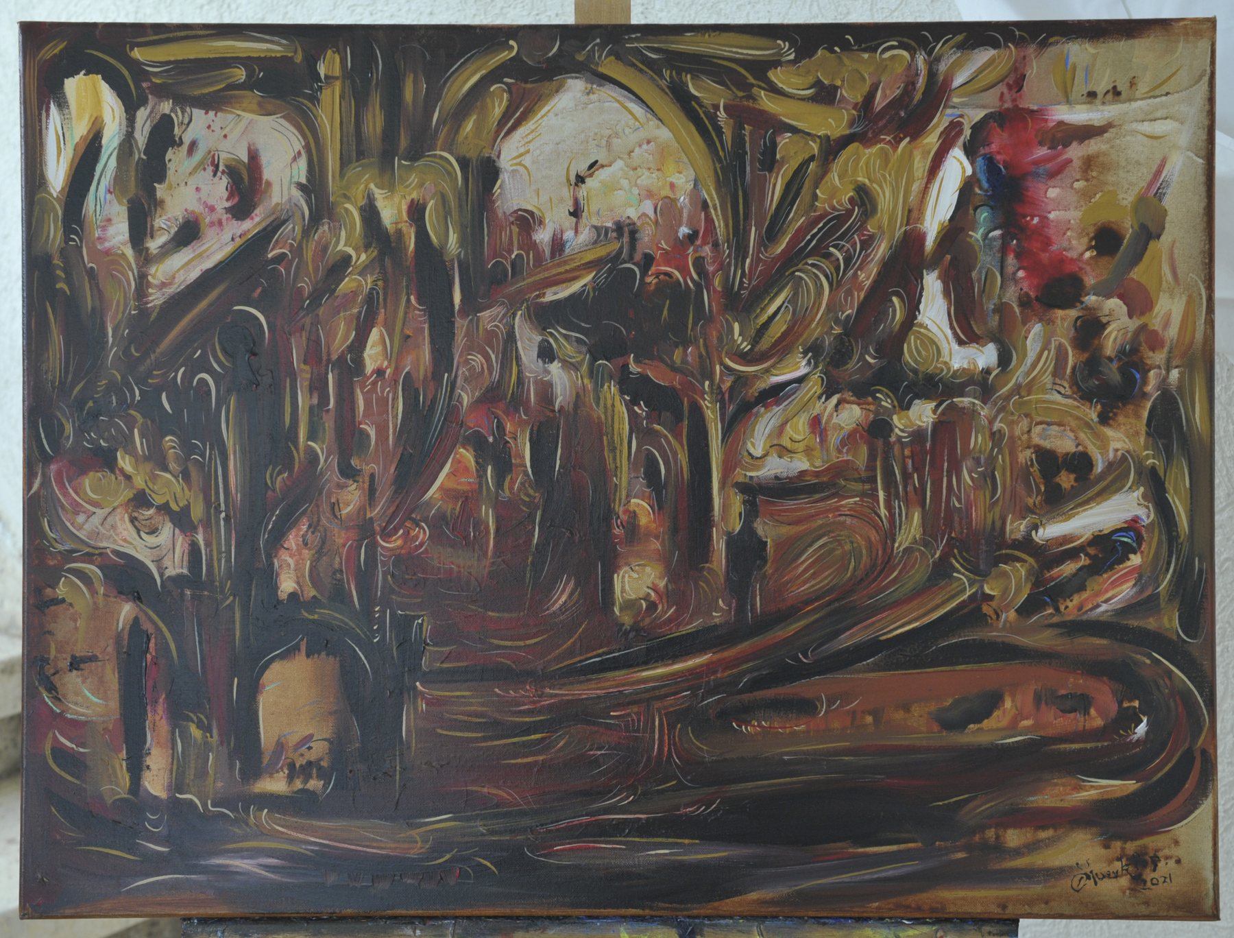 Landscape-format abstract painting with dense swirling strokes and arch-like lines in dark brown, ochre and muted red