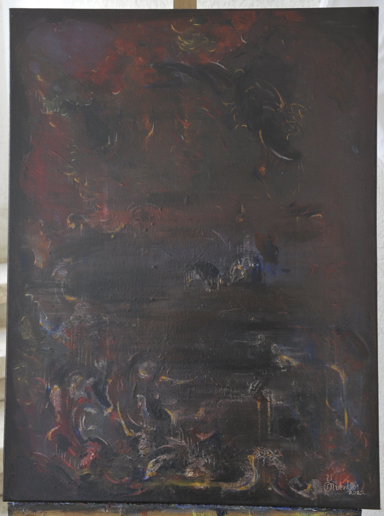 Portrait-format abstract painting with textured dark patches and fine curved marks in black, dark brown and deep maroon