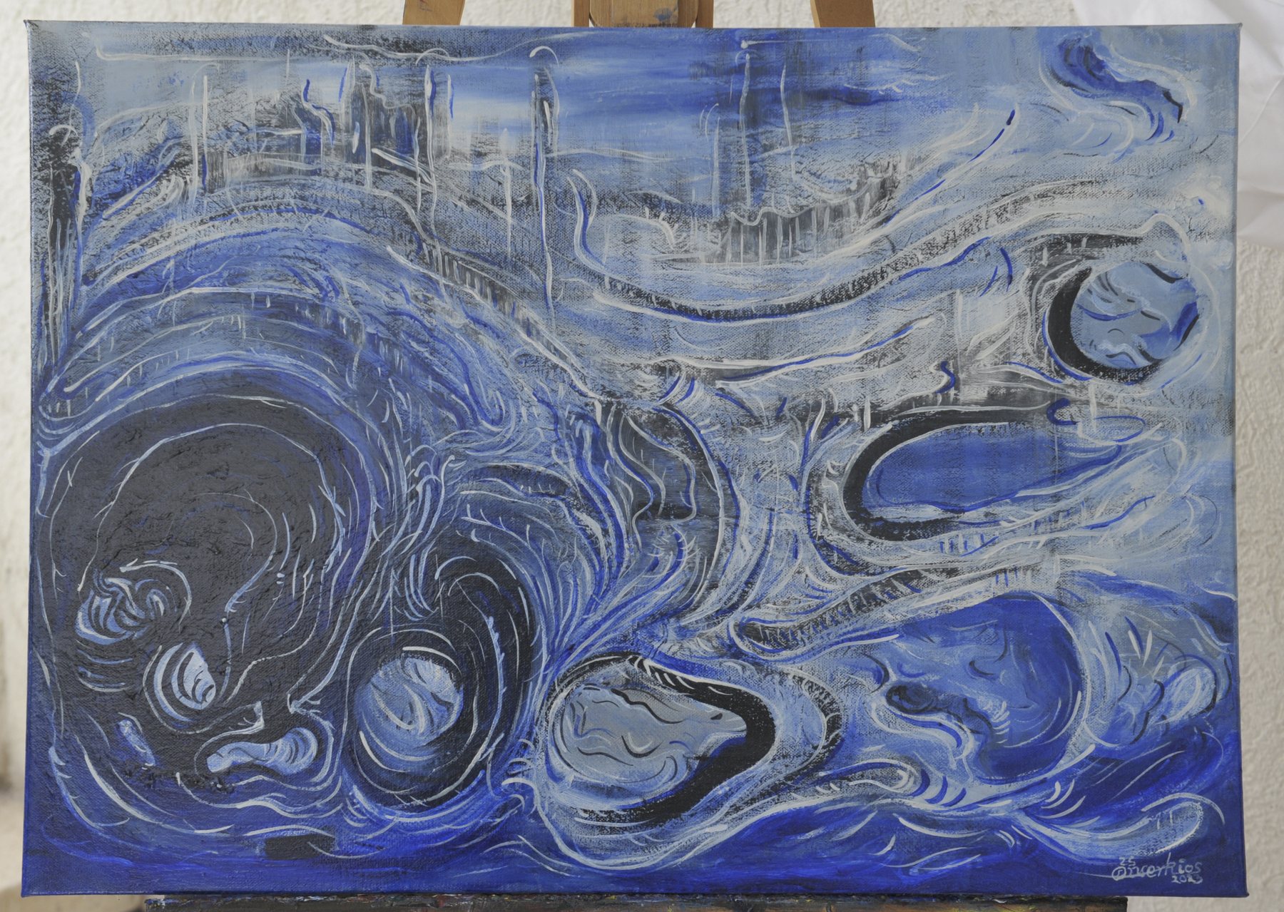 Landscape-format abstract painting with flowing blue, grey and white shapes