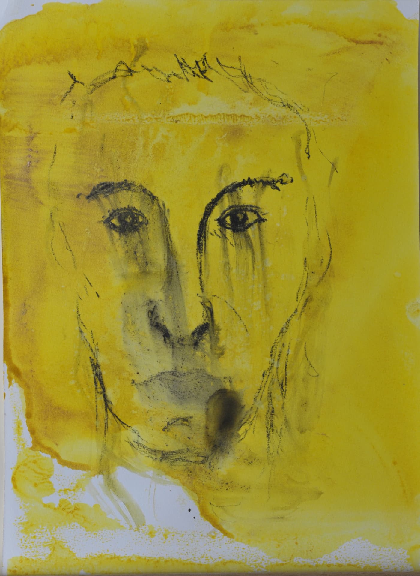 Face in black lines and washes over a bright yellow watercolor ground, on white paper
