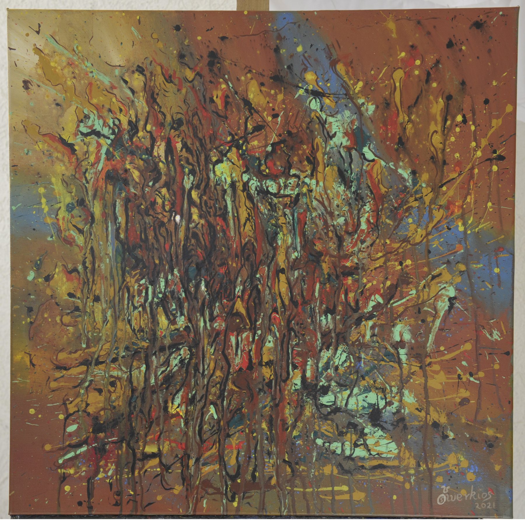 Abstract painting with a central burst of drips, splatters and vertical trickles in brown, yellow, red and pale mint green