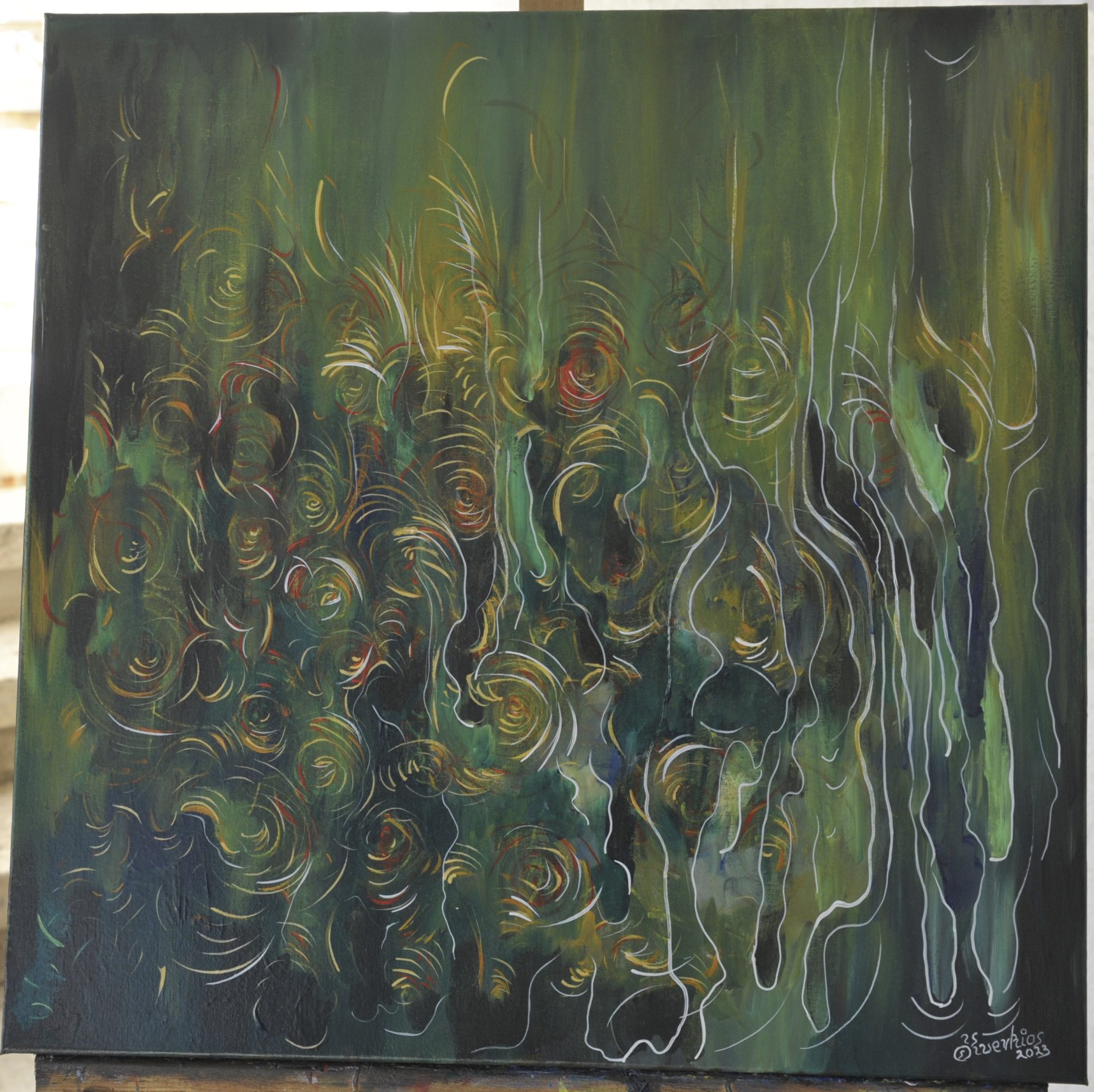 Square-format abstract painting with concentric circular line clusters in forest green and black, and wavy white contour lines down the right side
