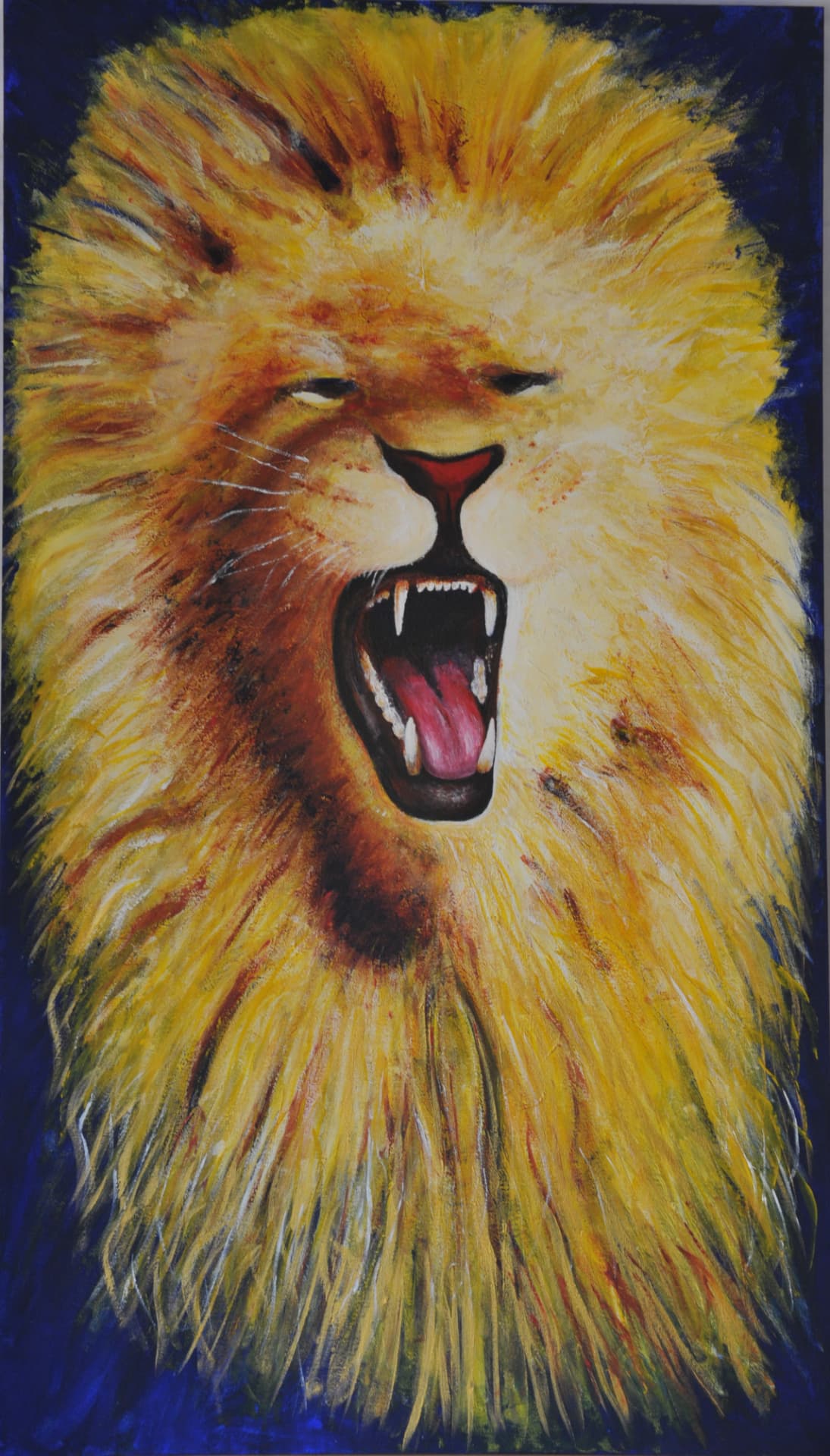 Painting of a roaring lion with a great yellow mane against a deep blue background